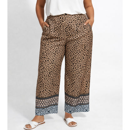 Joan Vass NY Wide Leg Pants Satin Animal Print Blue Border - XL