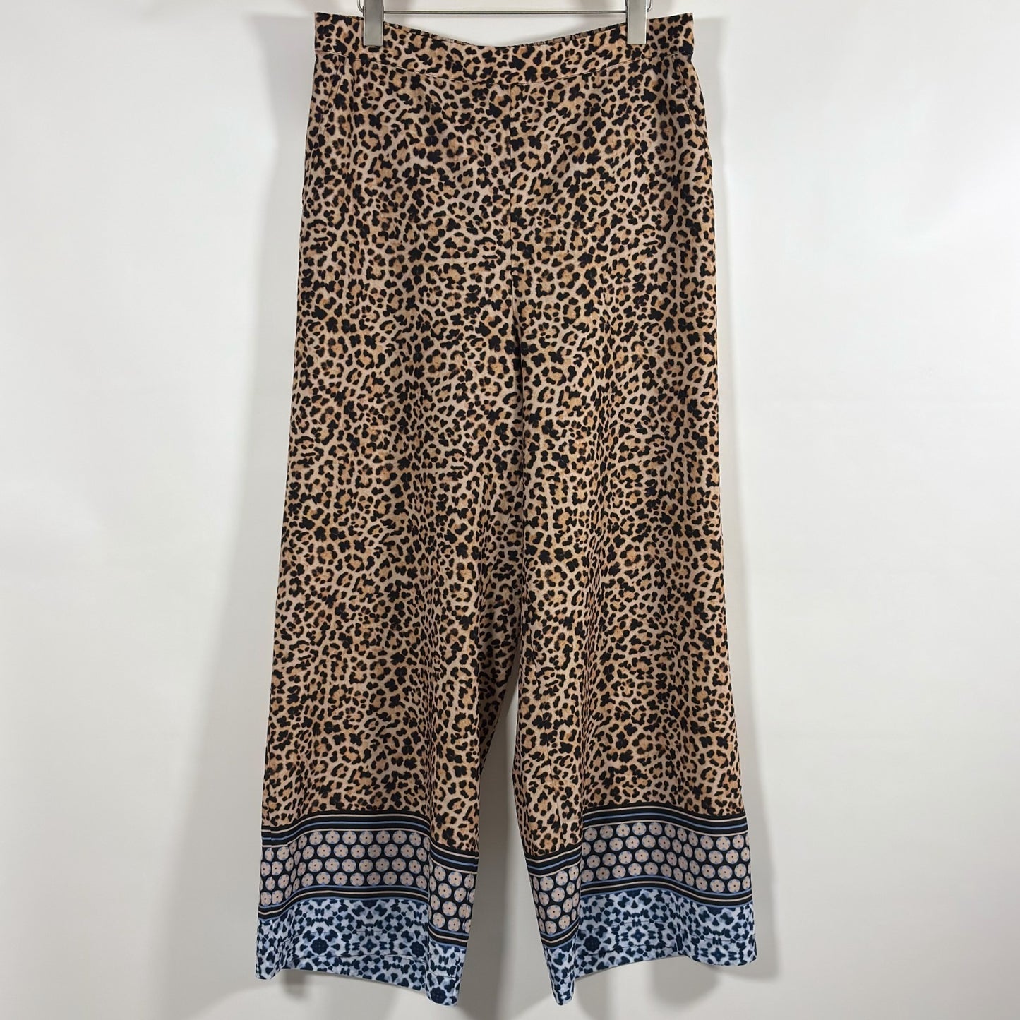 Joan Vass NY Wide Leg Pants Satin Animal Print Blue Border - XL