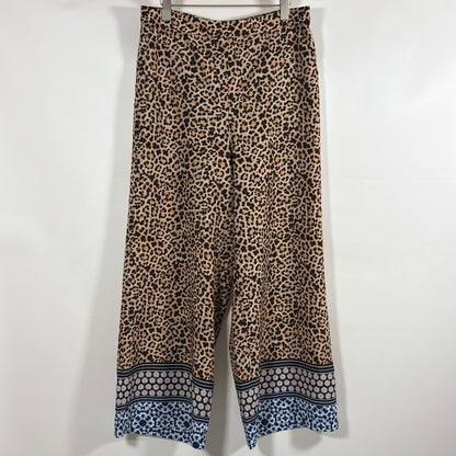 Joan Vass NY Wide Leg Pants Satin Animal Print Blue Border - XL