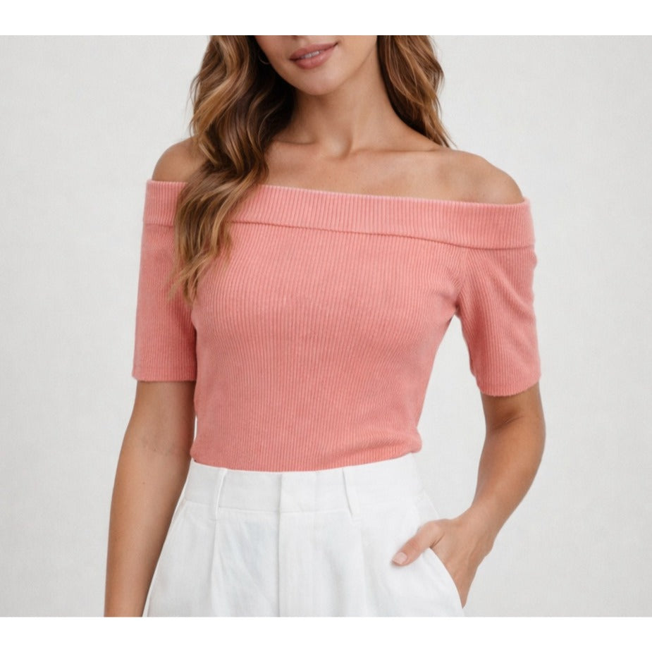 Tommy Hilfiger Ribbed Off Shoulder Top Pink "Garden Tour" - S