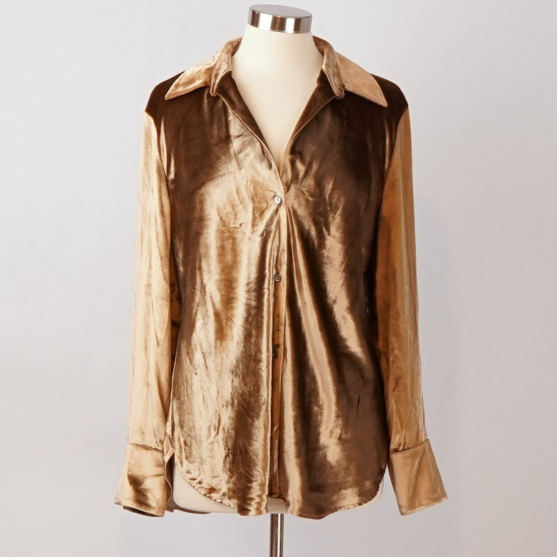 Vince. Bias Long Sleeve Shirt Silk Velvet Gold Shadow Bronze - XL