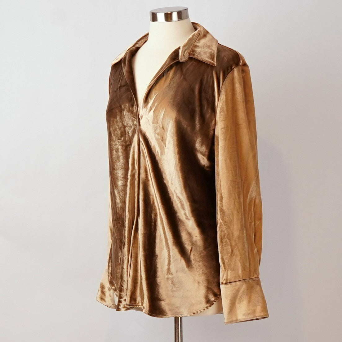 Vince. Bias Long Sleeve Shirt Silk Velvet Gold Shadow Bronze - XL