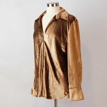Vince. Bias Long Sleeve Shirt Silk Velvet Gold Shadow Bronze - XL