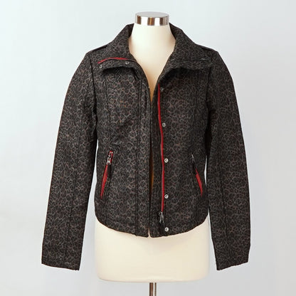Free People Leopard Pop Moto Jacket Zippered Pockets Red Trim - 6