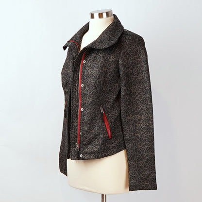 Free People Leopard Pop Moto Jacket Zippered Pockets Red Trim - 6