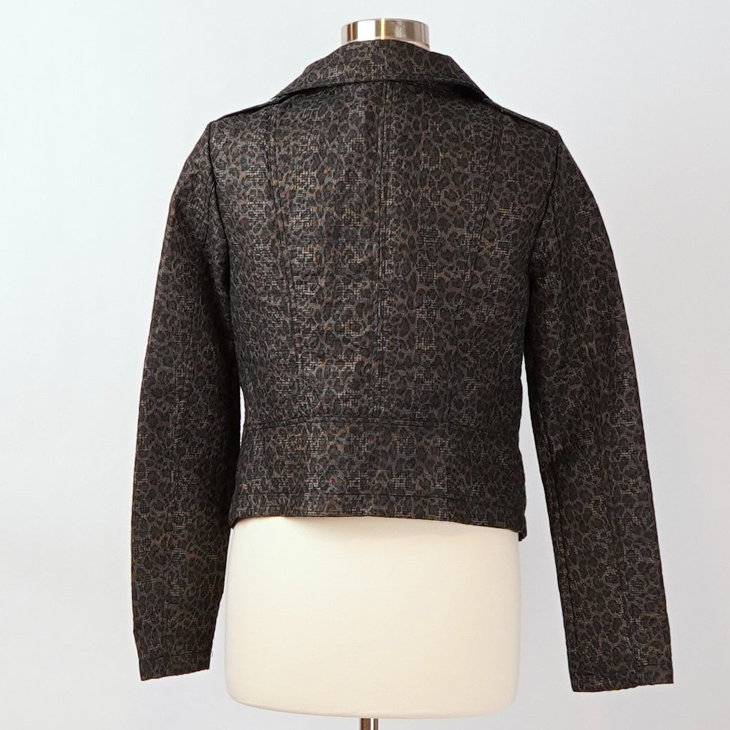 Free People Leopard Pop Moto Jacket Zippered Pockets Red Trim - 6