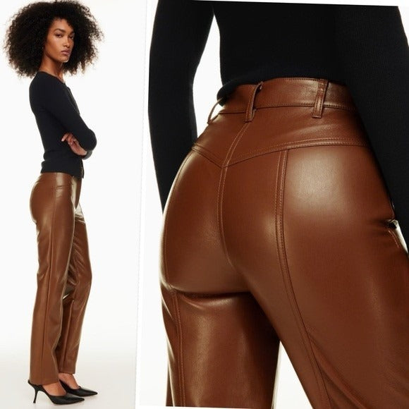 Aritzia Wilfred Rebel Vegan Leather Pants High Waisted Straight Leg Brown - 8