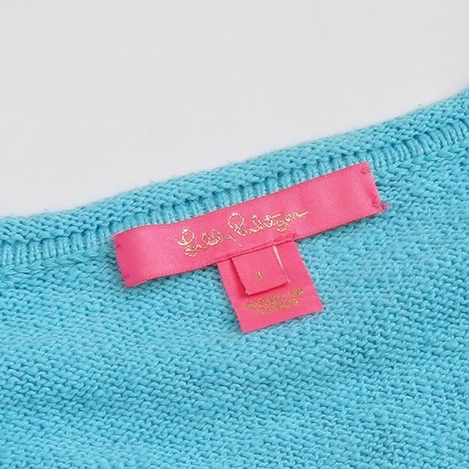 Lilly Pulitzer Danette V Neck Sweater Paradise Seabreeze Blue Intarsia - L
