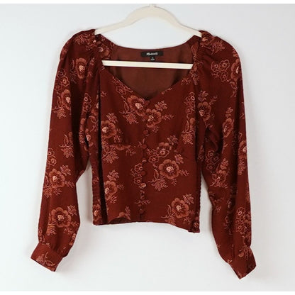 Madewell Preston Puff Sleeve Blouse Burgundy Letterpress Floral - XS