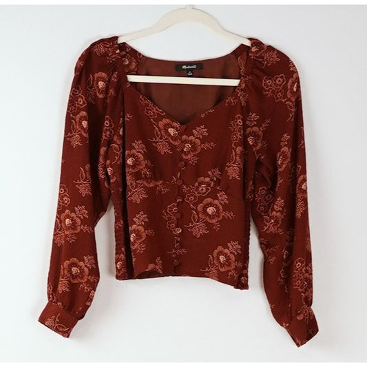 Madewell Preston Puff Sleeve Blouse Burgundy Letterpress Floral - XS