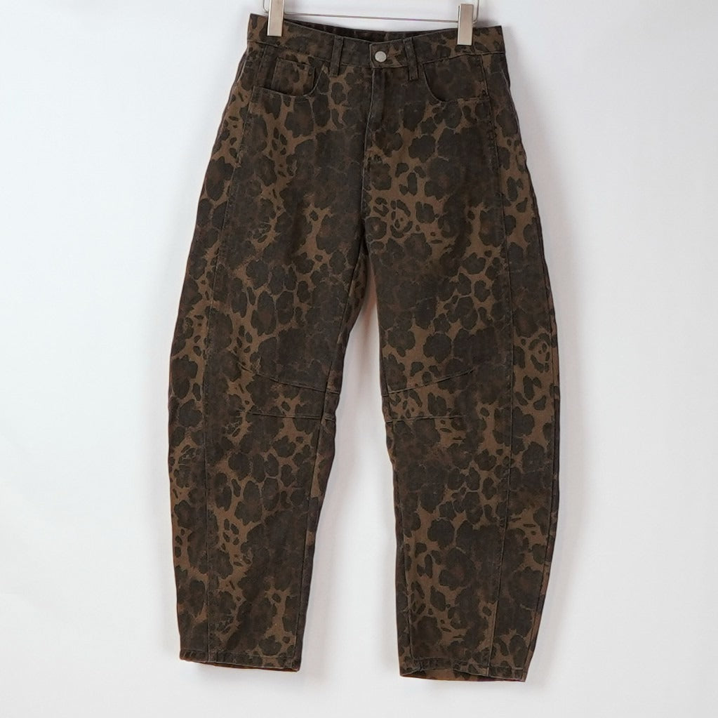 Leopard Print Barrel Leg Jeans Brown Animal Print - M