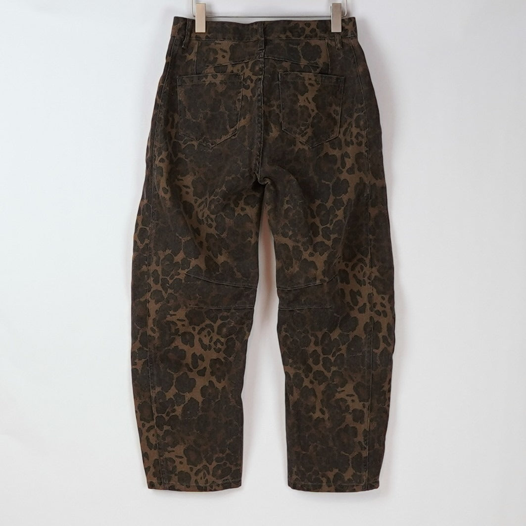 Leopard Print Barrel Leg Jeans Brown Animal Print - M