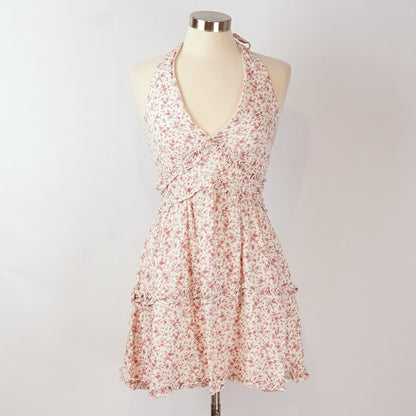 Trixxi Ruffled Trim Halter Mini Dress Feminine Floral Pink - M