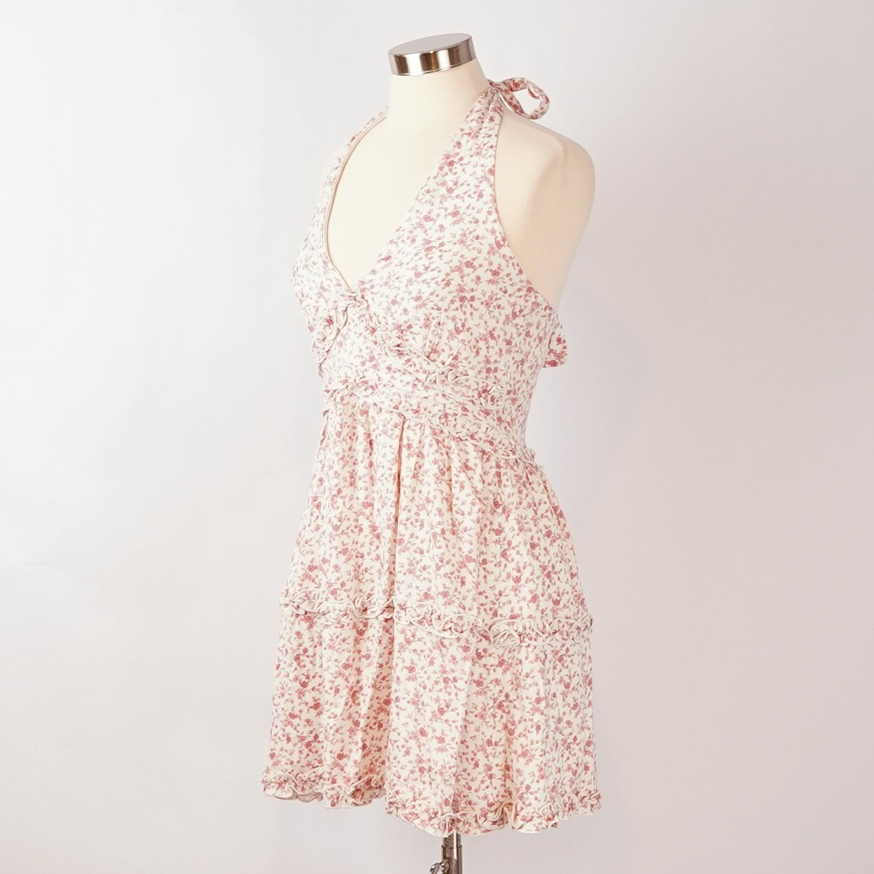 Trixxi Ruffled Trim Halter Mini Dress Feminine Floral Pink - M