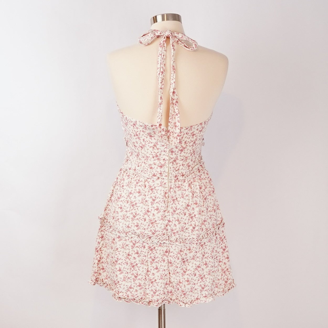 Trixxi Ruffled Trim Halter Mini Dress Feminine Floral Pink - M
