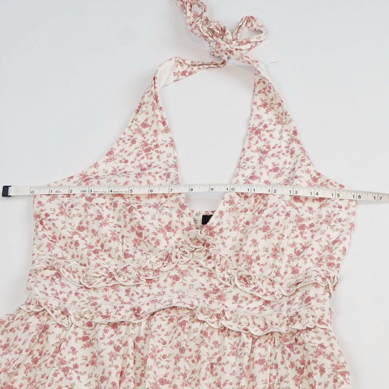 Trixxi Ruffled Trim Halter Mini Dress Feminine Floral Pink - M