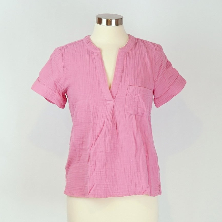 J Crew V-neck Double Gauze Popover Short Sleeve Blouse Bubblegum Pink - XS