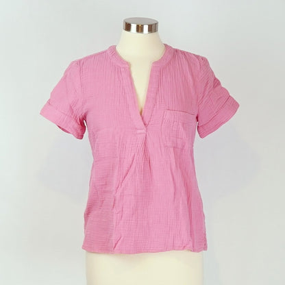 J Crew V-neck Double Gauze Popover Short Sleeve Blouse Bubblegum Pink - XS