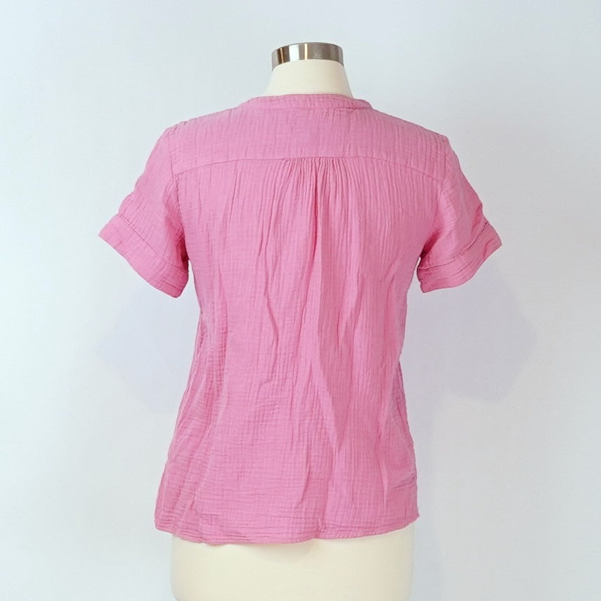 J Crew V-neck Double Gauze Popover Short Sleeve Blouse Bubblegum Pink - XS