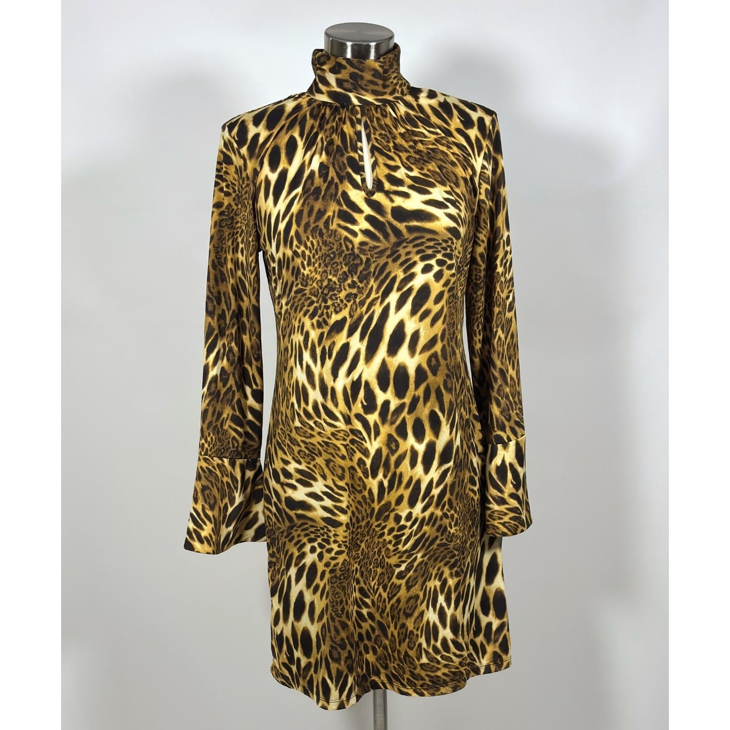 INC Animal Print Bell Sleeve Mock Neck Keyhole Retro Dress NWT - Large