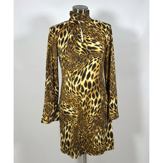 INC Animal Print Bell Sleeve Mock Neck Keyhole Retro Dress NWT - Large
