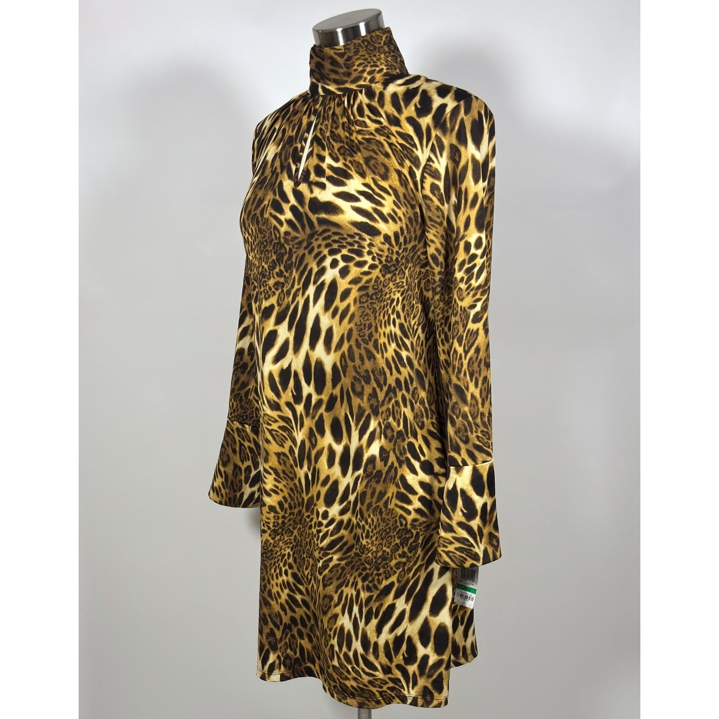 INC Animal Print Bell Sleeve Mock Neck Keyhole Retro Dress NWT - Large