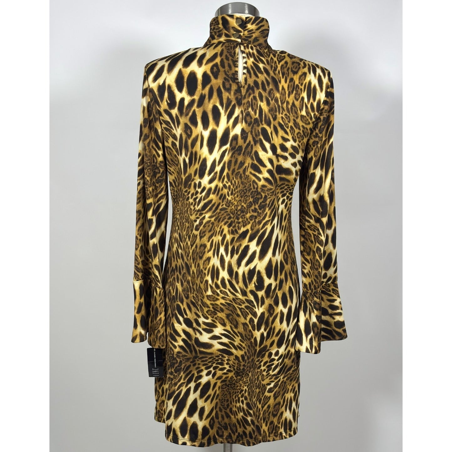 INC Animal Print Bell Sleeve Mock Neck Keyhole Retro Dress NWT - Large
