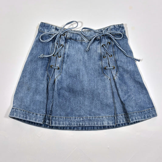 Free People Lace Up A-Line Pleated Denim Mini Skirt - 4