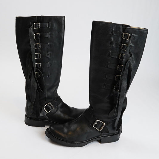 Frye Veronica Strap Tall Black Leather Boots Black Fringe Moto Belted Knee - 7