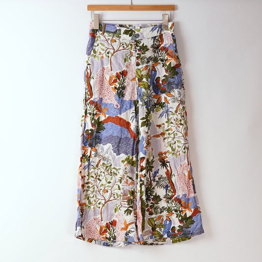 Nicole Miller 100% Linen Wide Leg Crop Pants Tropical Print - S