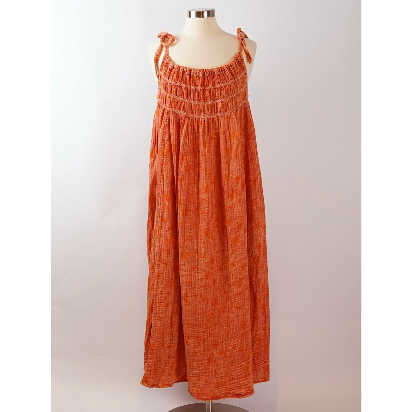 Free People Azure Maxi Dress Orange Gauze Shirred - M