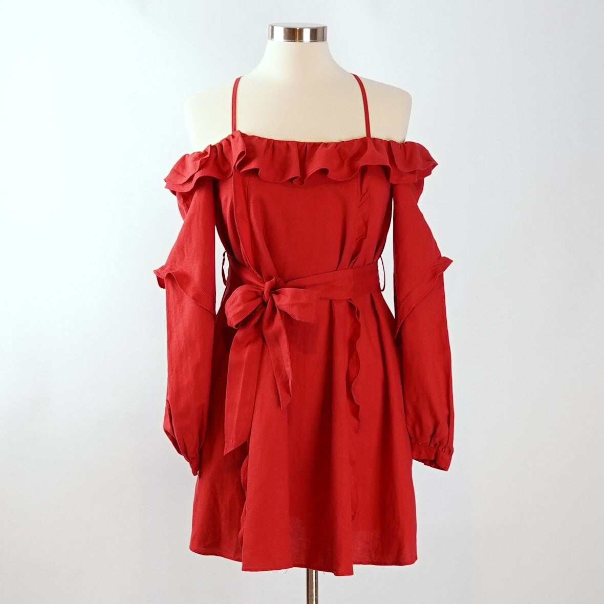 Marissa Webb Off Shoulder Linen Belted Ruffled Sun Dress - XS