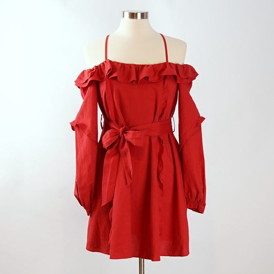 Marissa Webb Off Shoulder Linen Belted Ruffled Sun Dress - XS