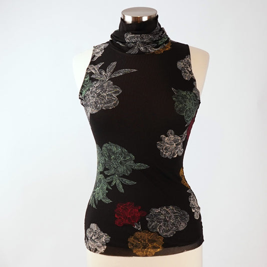 Petit Pois x Viviana G Sleeveless High Collar Top Black Floral Mesh - M