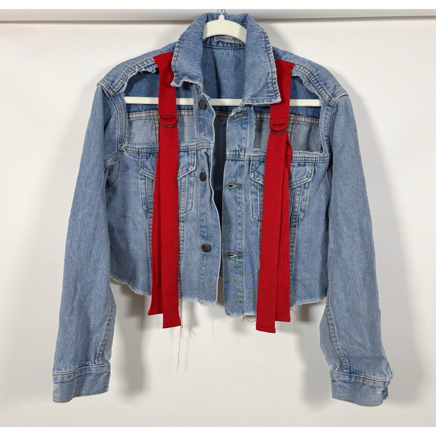 Carmar Cropped Denim Jacket Cutout Red Ribbon Pop Finlay Sebastian Strap - XS