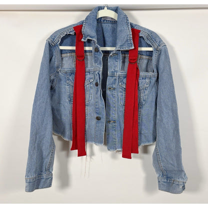 Carmar Cropped Denim Jacket Cutout Red Ribbon Pop Finlay Sebastian Strap - XS