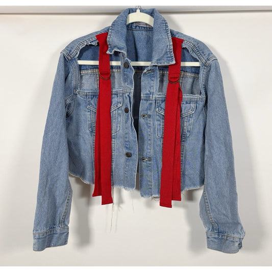 Carmar Cropped Denim Jacket Cutout Red Ribbon Pop Finlay Sebastian Strap - XS