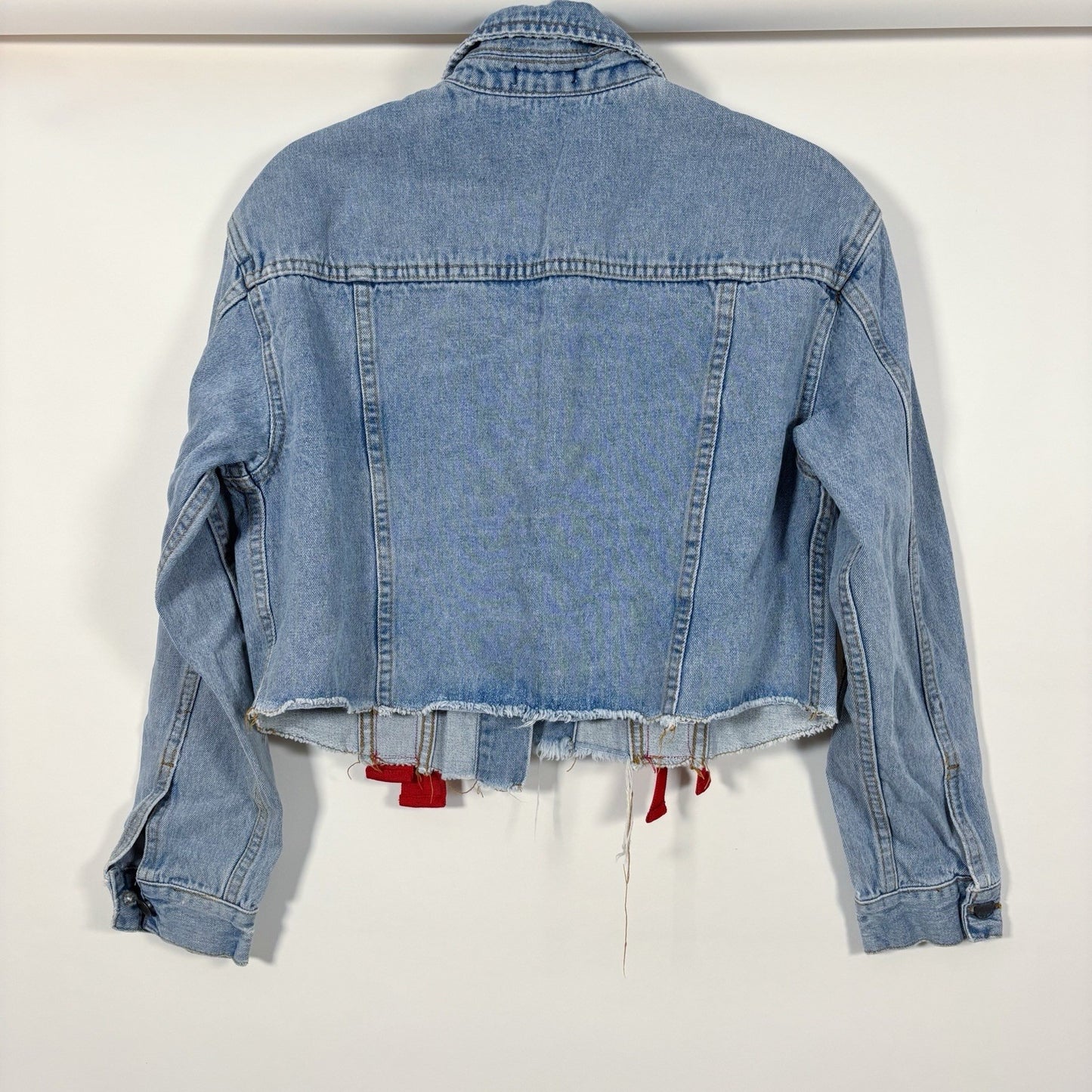 Carmar Cropped Denim Jacket Cutout Red Ribbon Pop Finlay Sebastian Strap - XS