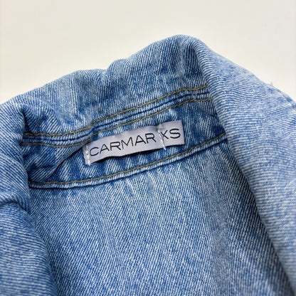 Carmar Cropped Denim Jacket Cutout Red Ribbon Pop Finlay Sebastian Strap - XS