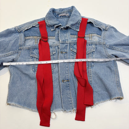 Carmar Cropped Denim Jacket Cutout Red Ribbon Pop Finlay Sebastian Strap - XS