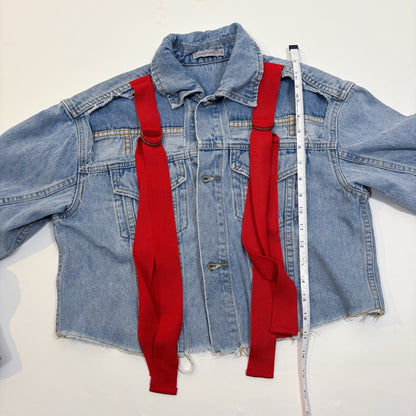 Carmar Cropped Denim Jacket Cutout Red Ribbon Pop Finlay Sebastian Strap - XS