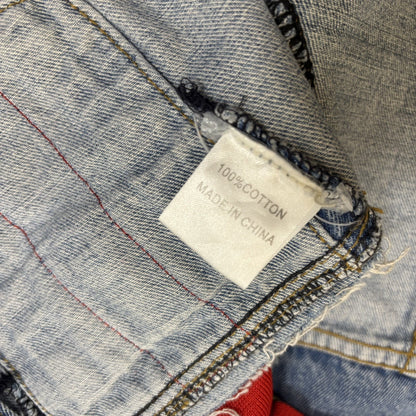 Carmar Cropped Denim Jacket Cutout Red Ribbon Pop Finlay Sebastian Strap - XS