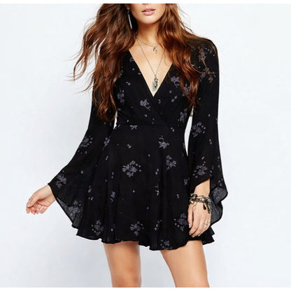 Free People Jasmine Embroidered Bell Sleeve Mini Dress Black - 2