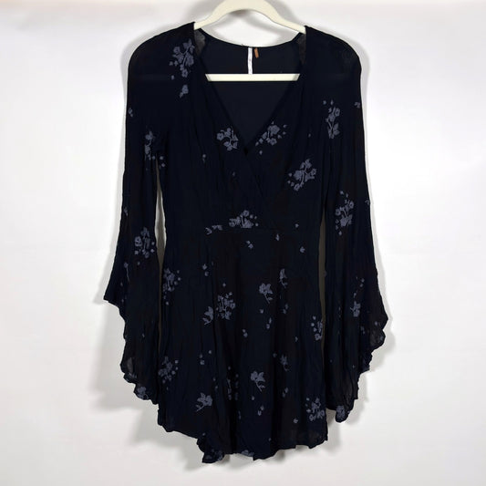 Free People Jasmine Embroidered Bell Sleeve Mini Dress Black - 2