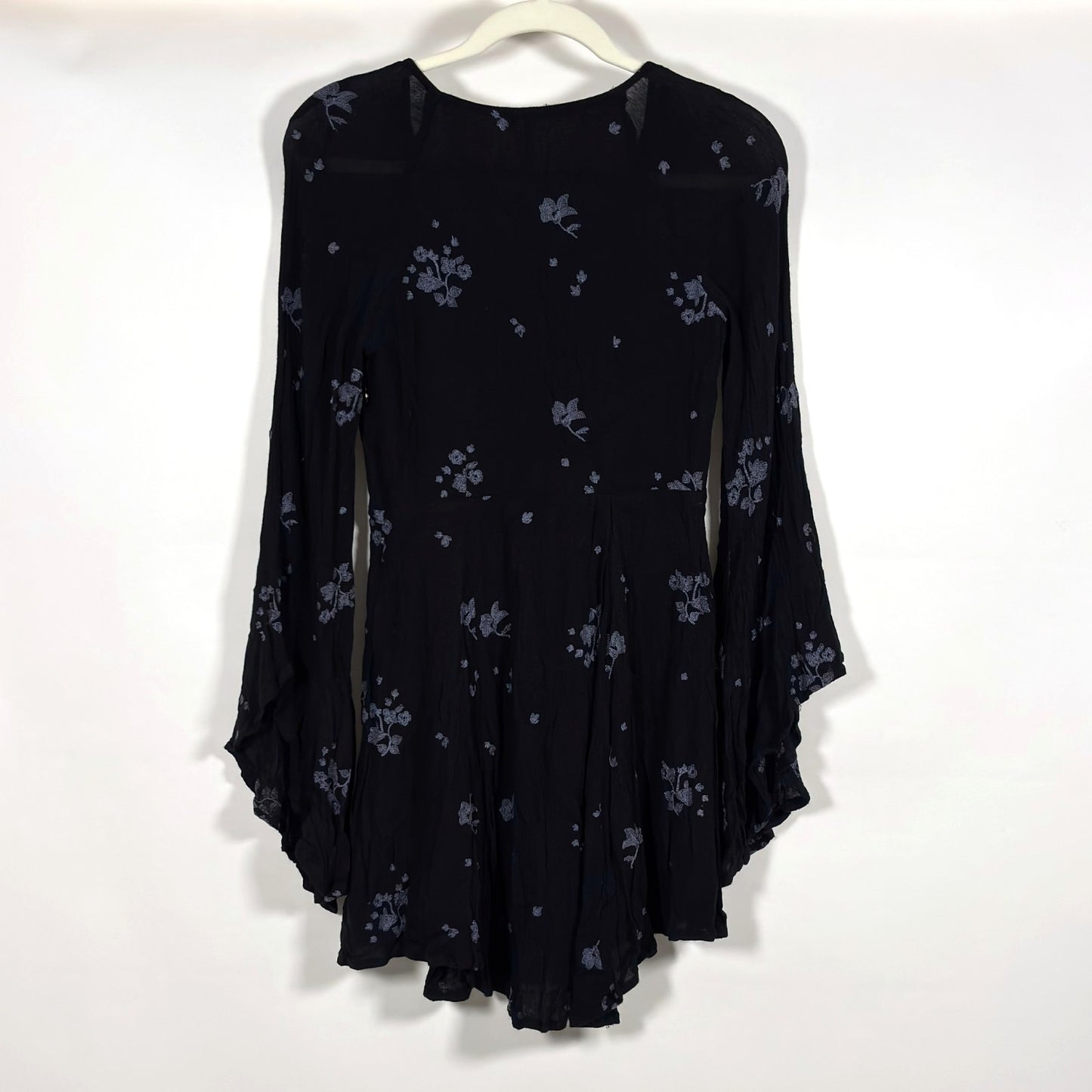 Free People Jasmine Embroidered Bell Sleeve Mini Dress Black - 2