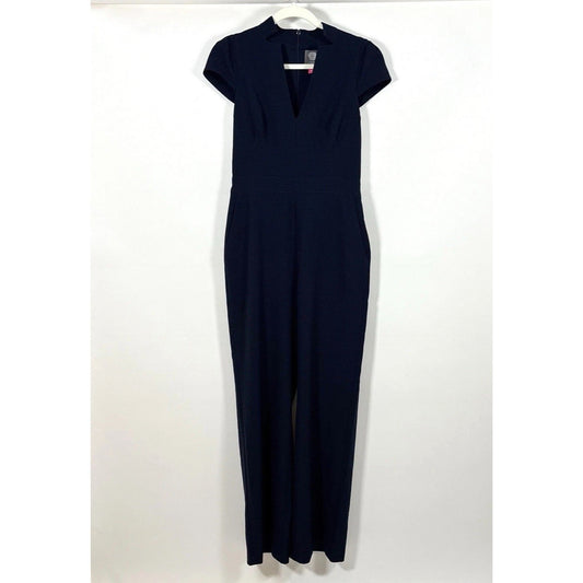 Vince Camuto Wide Leg Notch Collar Cap Sleeve Crepe Jumpsuit Navy - 4