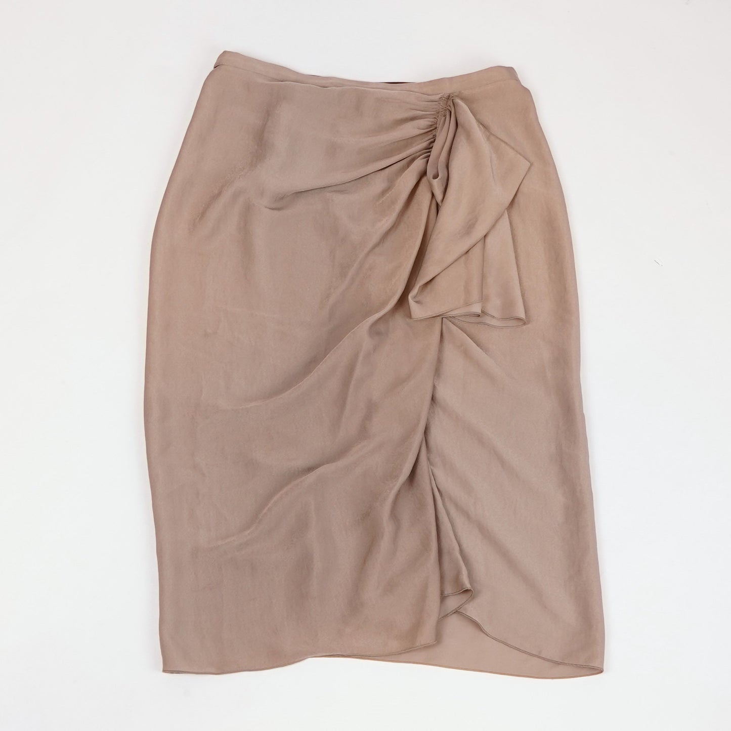 BCBGMaxAzria Stella Asymmetrical Gathered Midi Skirt in Beige Satin - S