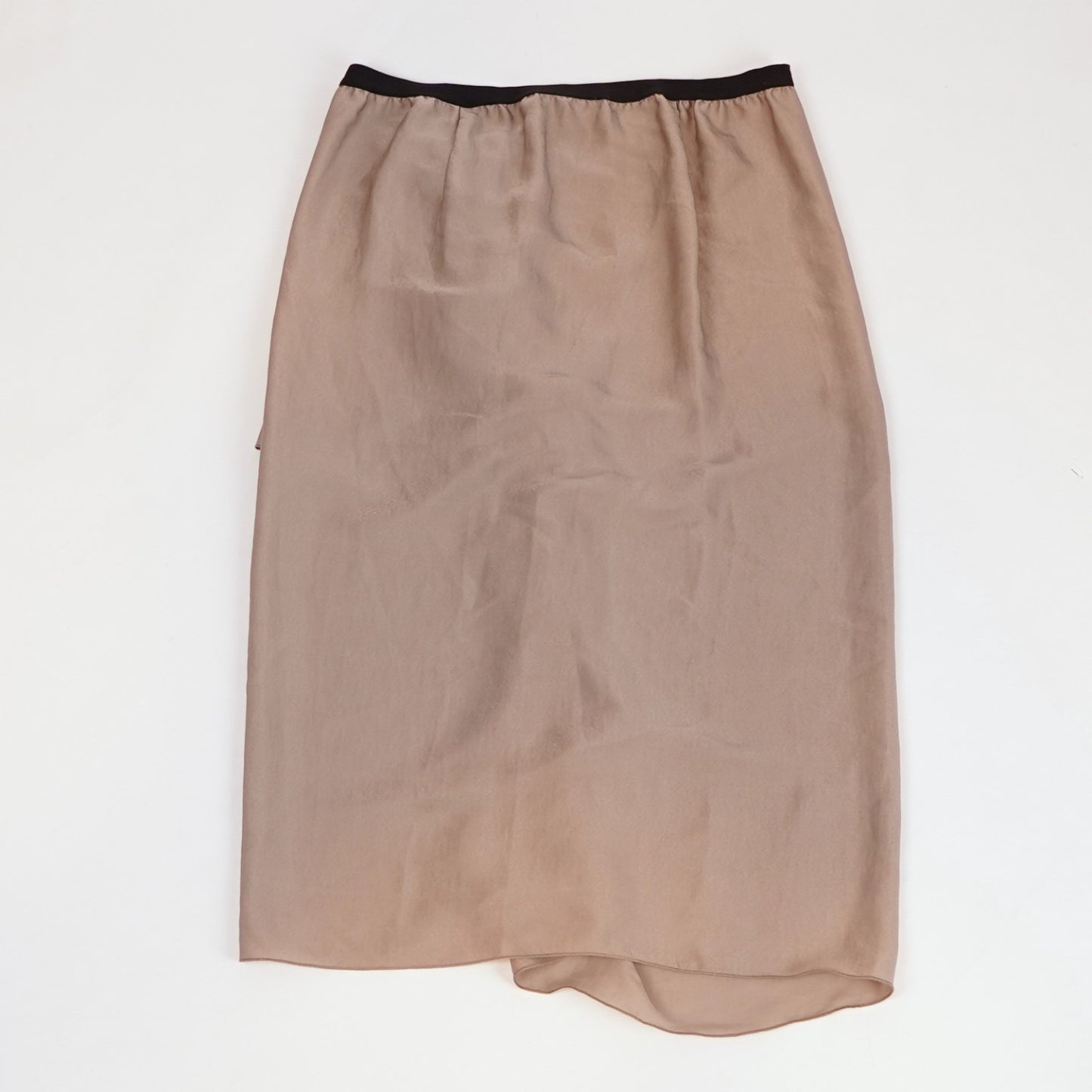 BCBGMaxAzria Stella Asymmetrical Gathered Midi Skirt in Beige Satin - S