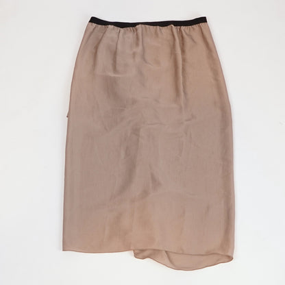 BCBGMaxAzria Stella Asymmetrical Gathered Midi Skirt in Beige Satin - S