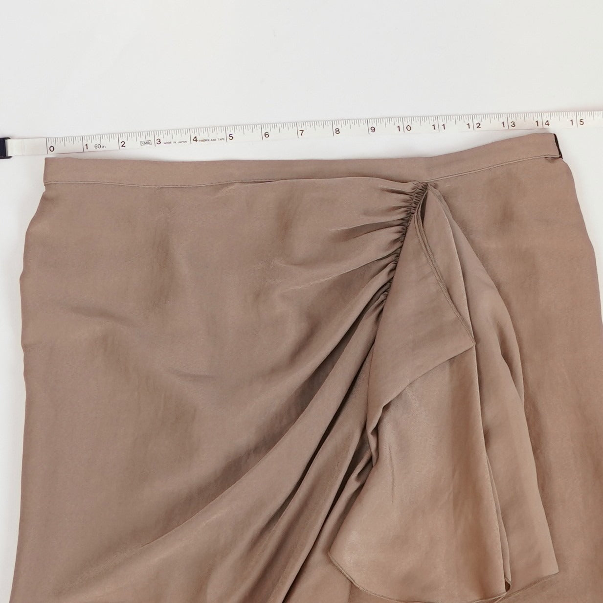 BCBGMaxAzria Stella Asymmetrical Gathered Midi Skirt in Beige Satin - S